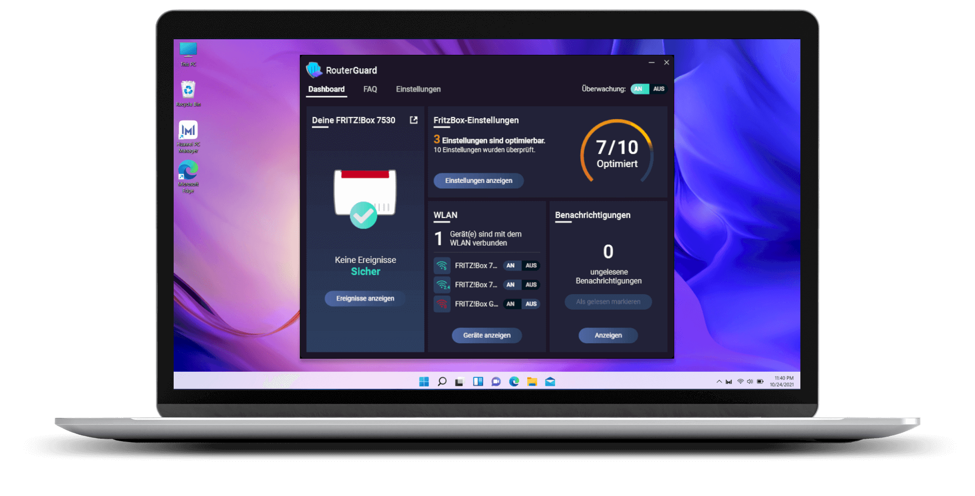 RouterGuard Dashboard mit Sicherheitsstatus und Geräteübersicht
